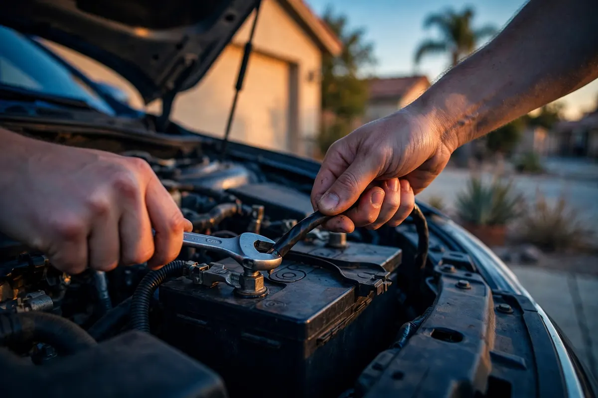 Hands replacing a car battery under an open hood at a home