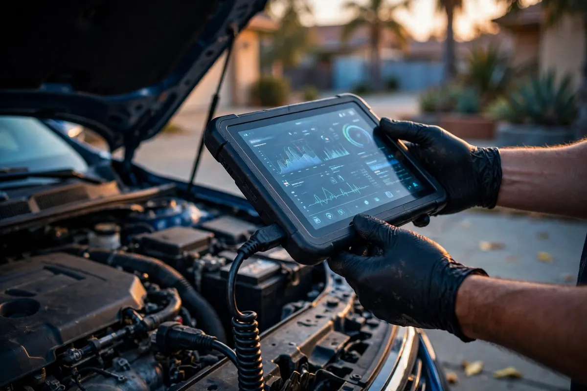 Mechanic running an engine diagnostic scan on a car in a driveway