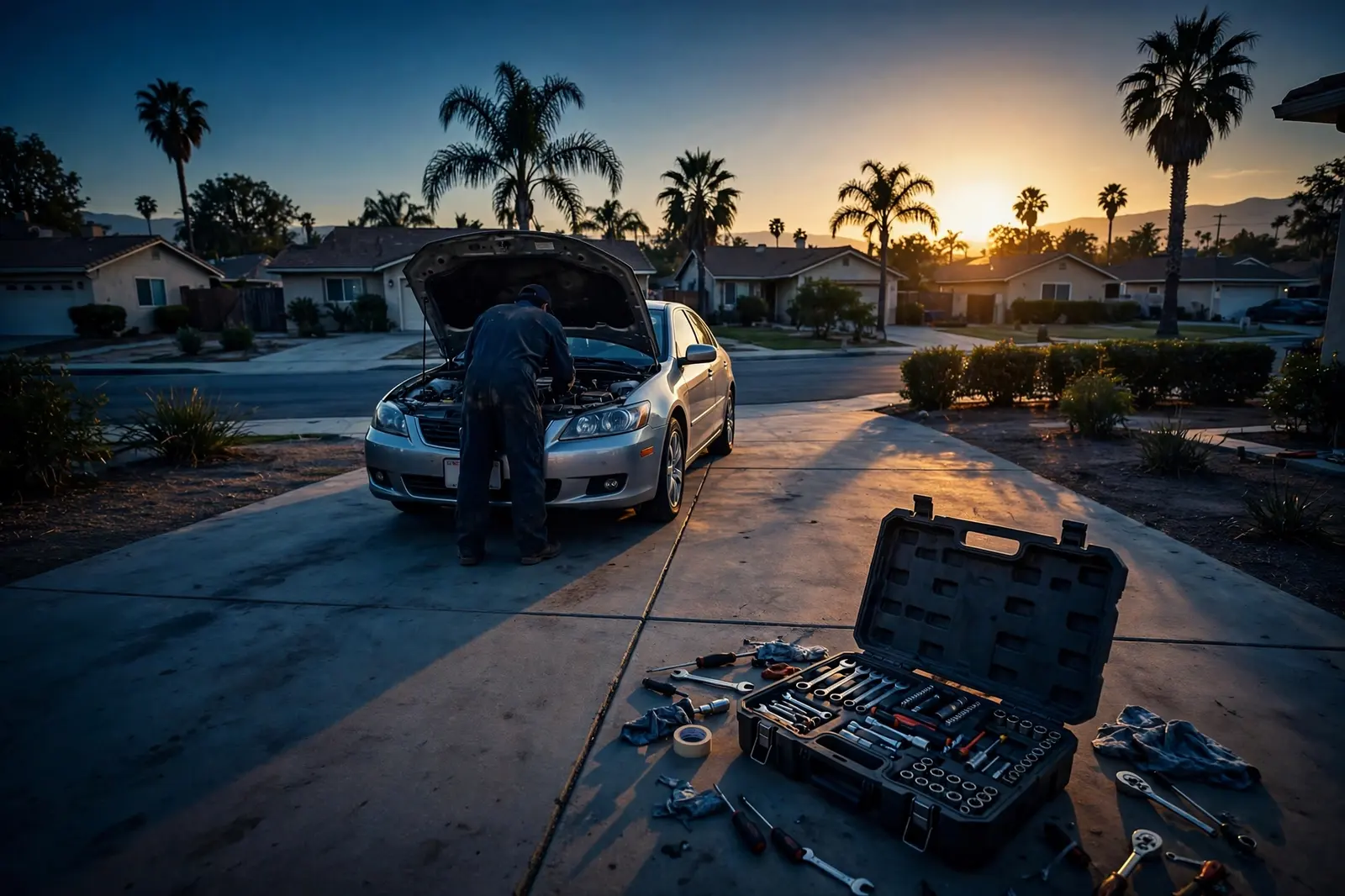 Mobile mechanic at work under an open hood in a suburban Orange County driveway at golden hour